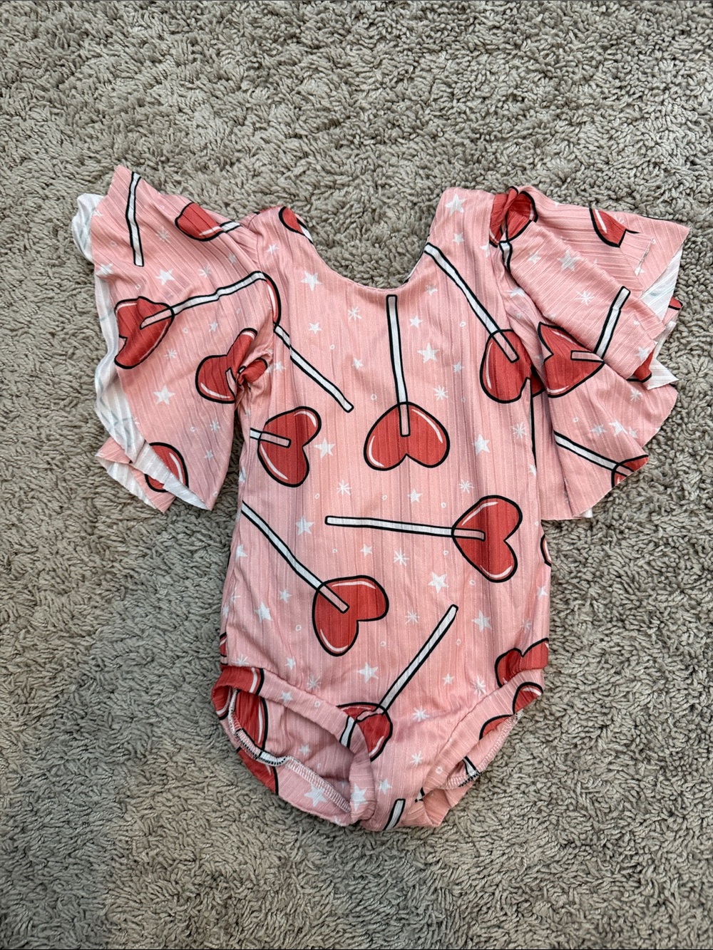 Pink Heart Lollipop Ruffle-Sleeve Baby Girls Bodysuit